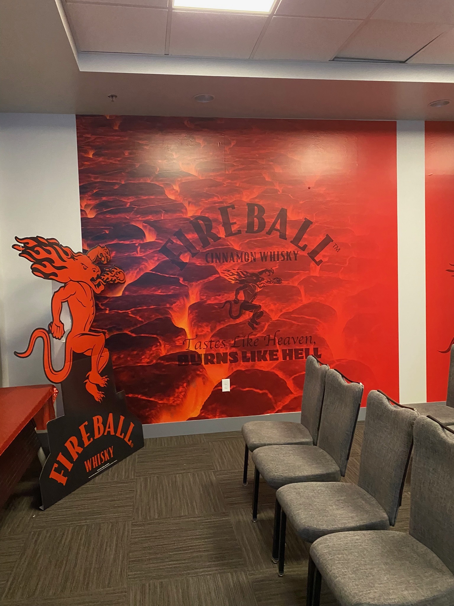 Red Fireball graphic on a hotel interior wall