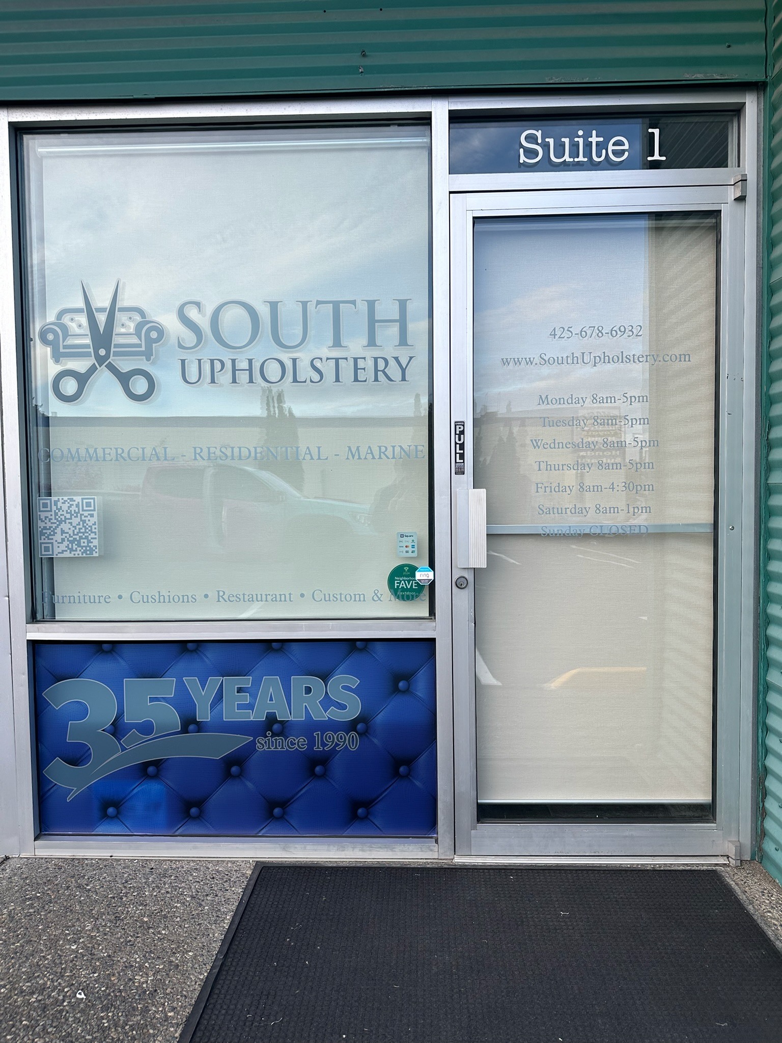 South Upholstery frosted storefront window and entrance door